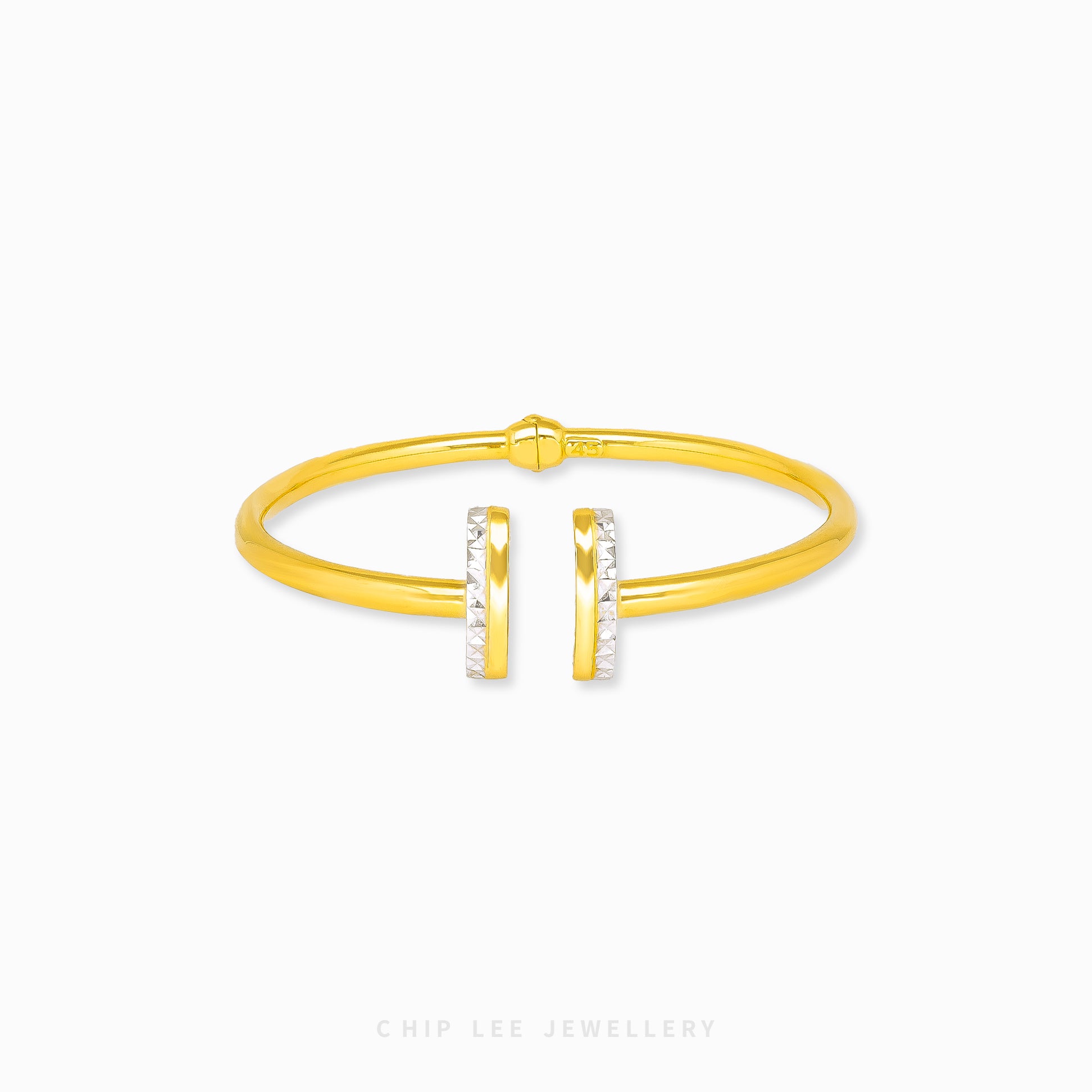 Duo Tone Parallel Cuff Bangle by Chip Lee Jewellery Singapore, sculpted 916 gold with matte and high-polish finishes, bold and elegant accessory