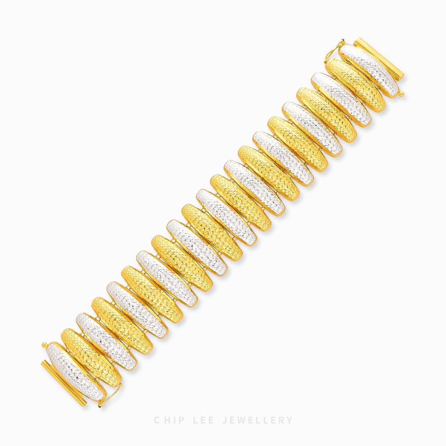 Duo Tone Pulut Dakap Statement Bracelet in yellow & white 22K/916 gold by Chip Lee Jewellery Singapore – iconic link design, certified gold.