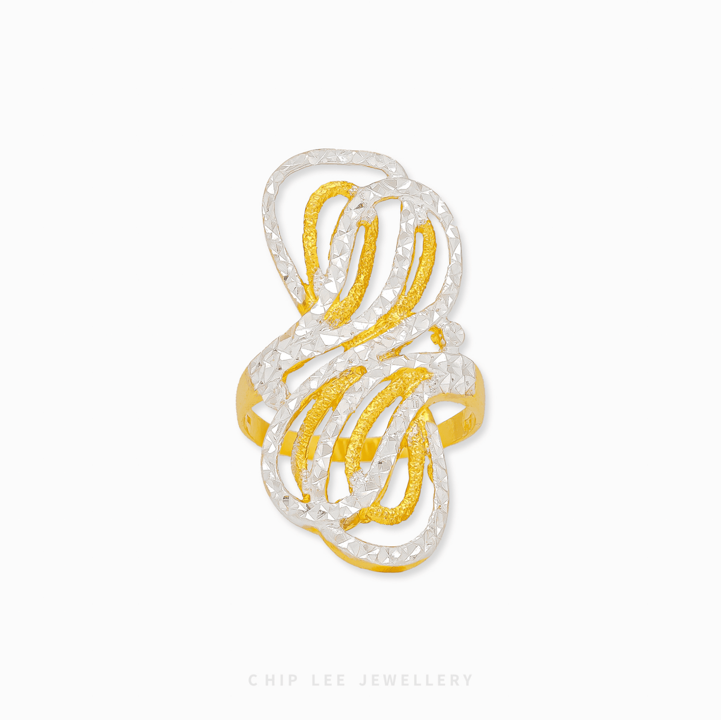 916 Gold Duo Tone Ribbon Weave Ring by Chip Lee Jewellery Singapore. Intertwining two-tone ribbons symbolizing unity, harmony, and eternal love.
