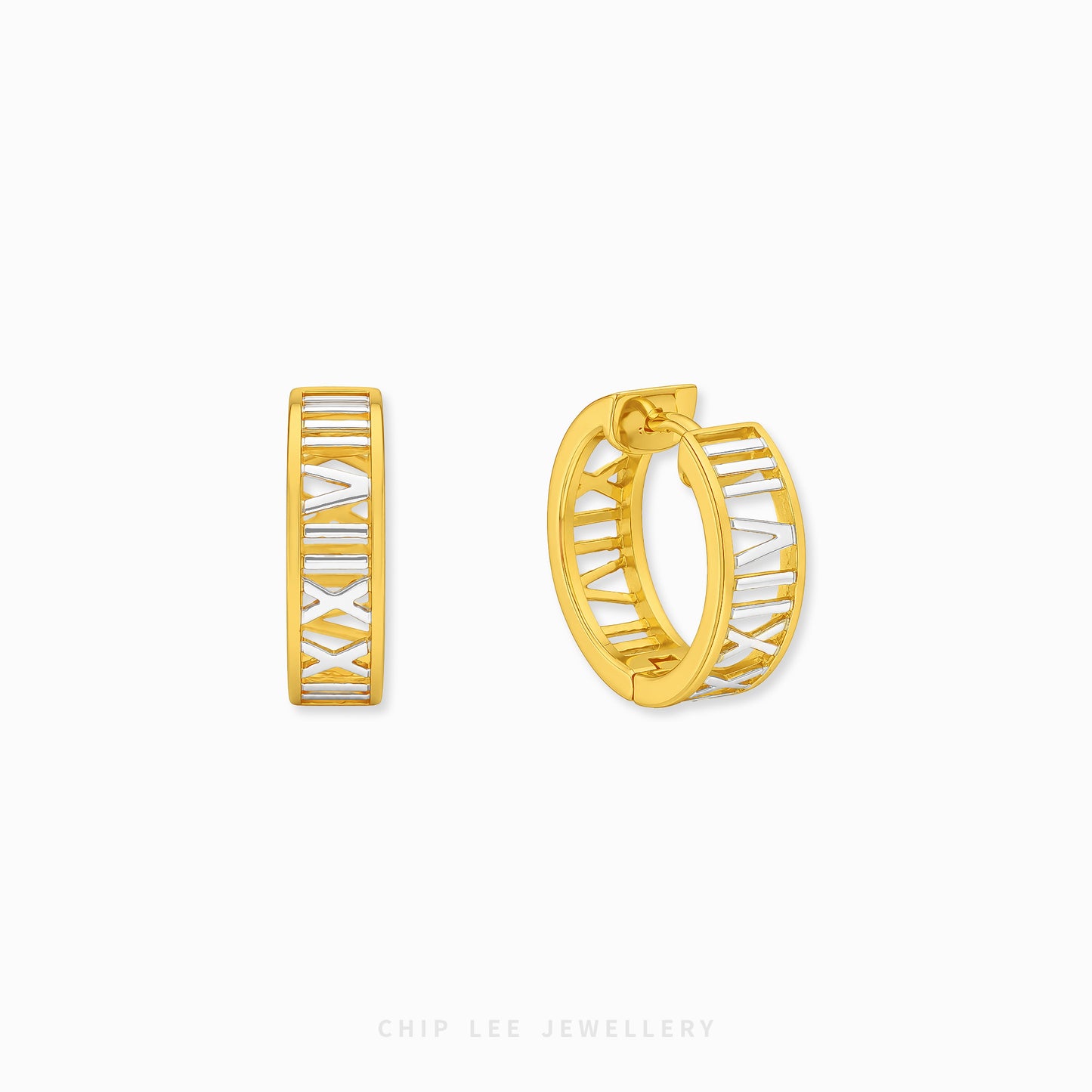 A pair of gold huggie hoop earrings with white Roman numerals, shown from both front and side angles on a light gray background with 'CHIP LEE JEWELLERY' text at the bottom.