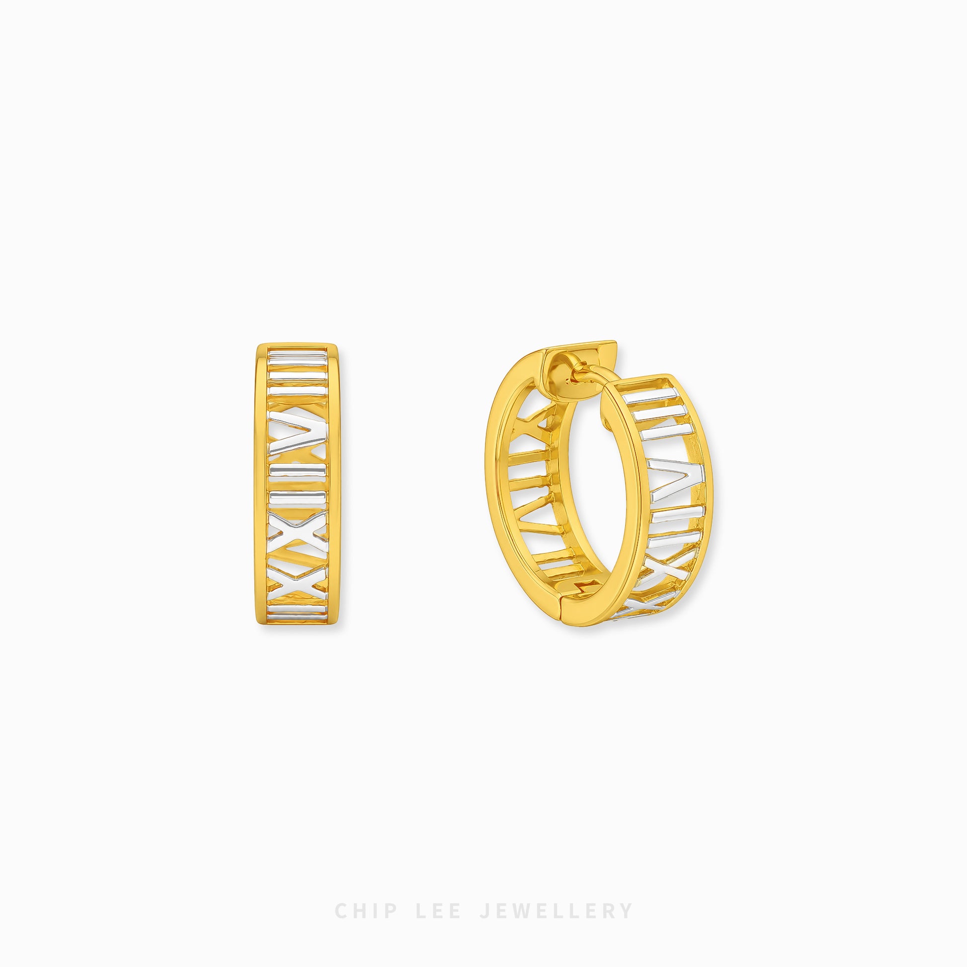 A pair of gold huggie hoop earrings with white Roman numerals, shown from both front and side angles on a light gray background with 'CHIP LEE JEWELLERY' text at the bottom.