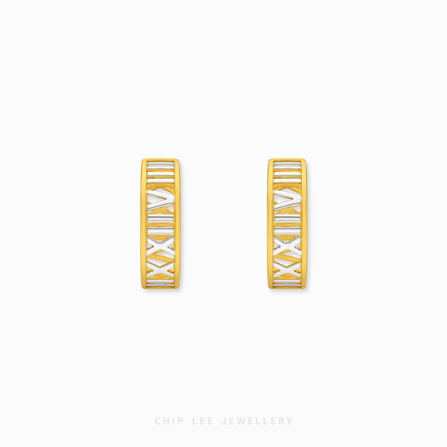 A pair of gold huggie hoop earrings with white Roman numerals, shown from both front and side angles on a light gray background with 'CHIP LEE JEWELLERY' text at the bottom.