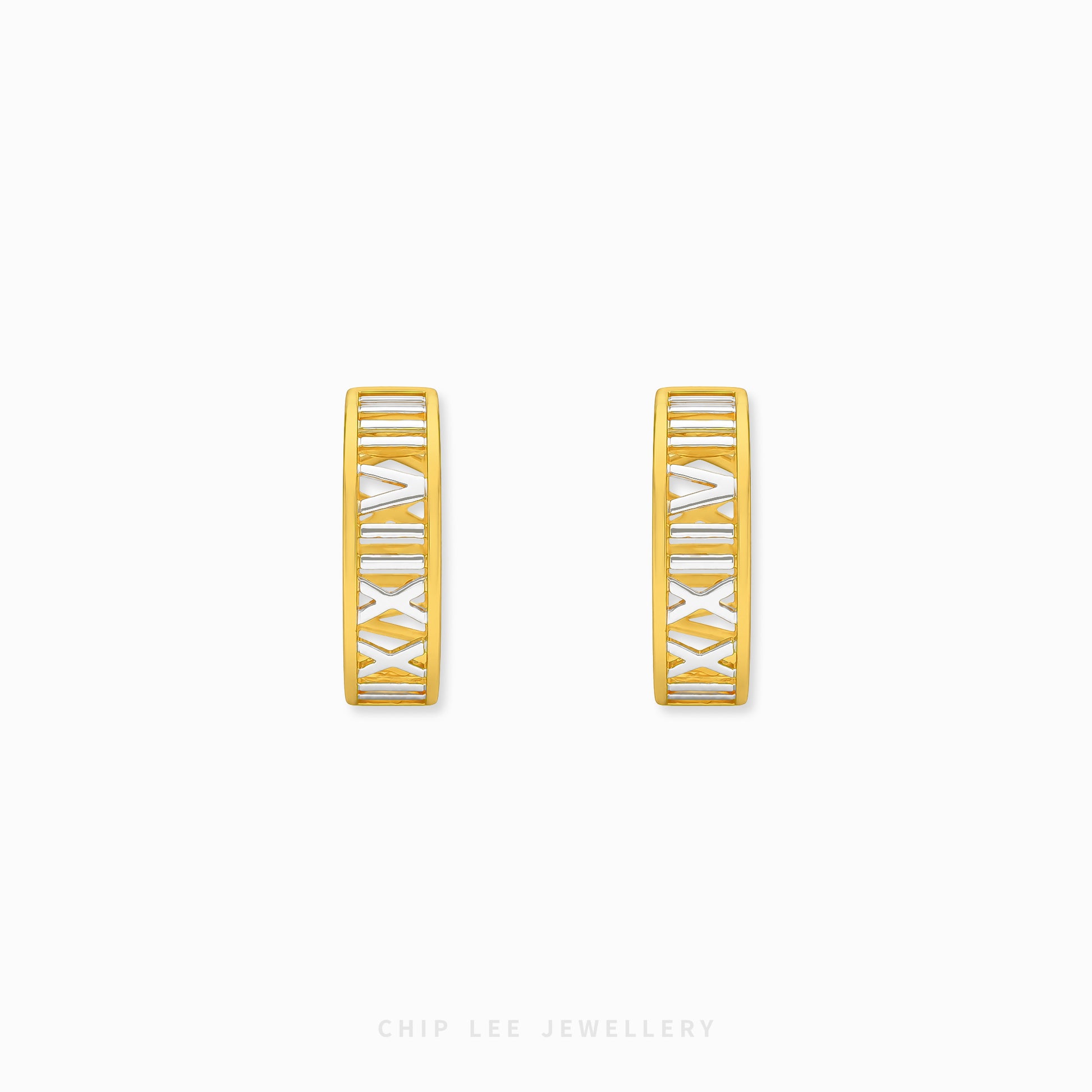 A pair of gold huggie hoop earrings with white Roman numerals, shown from both front and side angles on a light gray background with 'CHIP LEE JEWELLERY' text at the bottom.