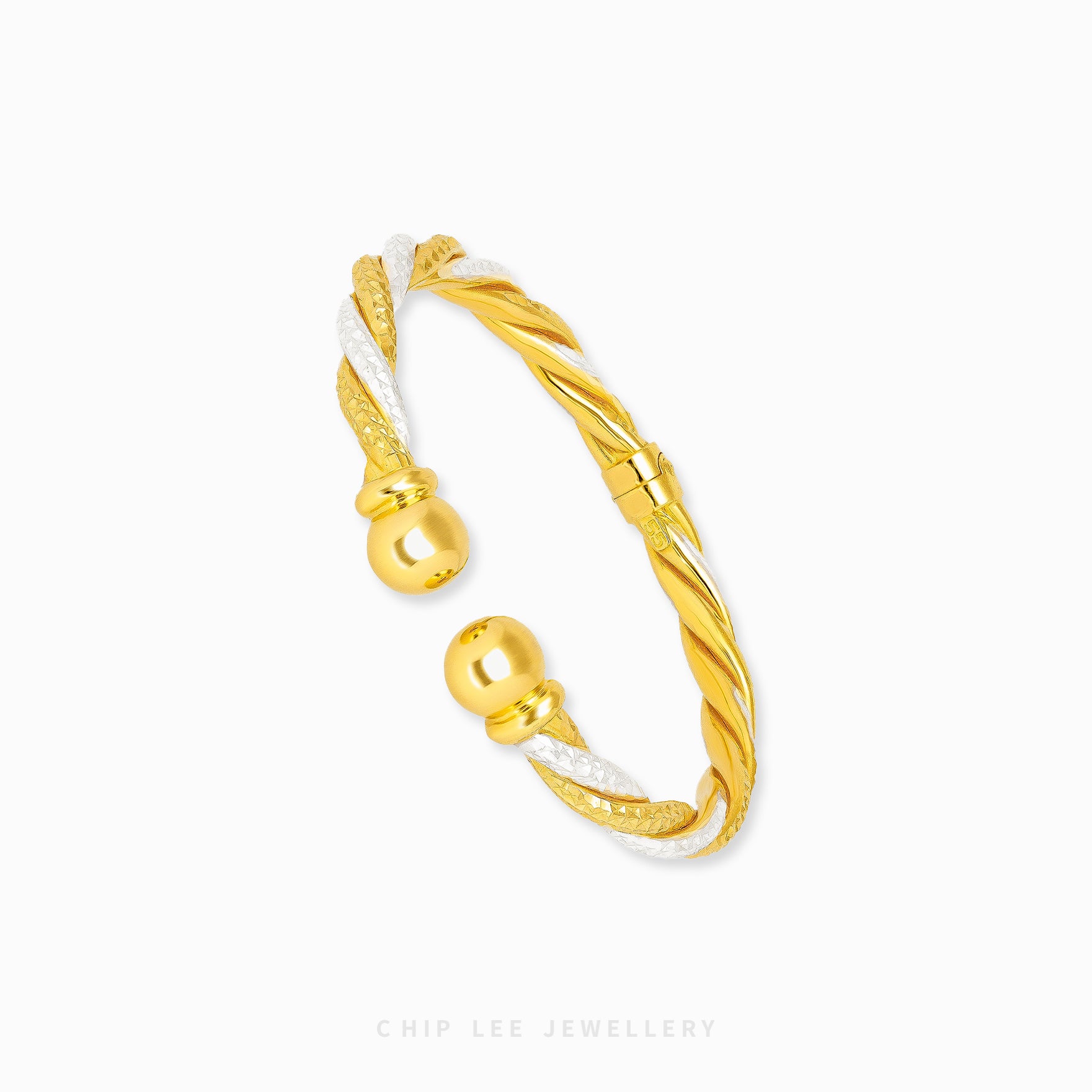 Duo Tone Spiral Cuff Bangle by Chip Lee Jewellery Singapore, sculpted 916 gold with matte and high-polish finishes, bold and elegant accessory