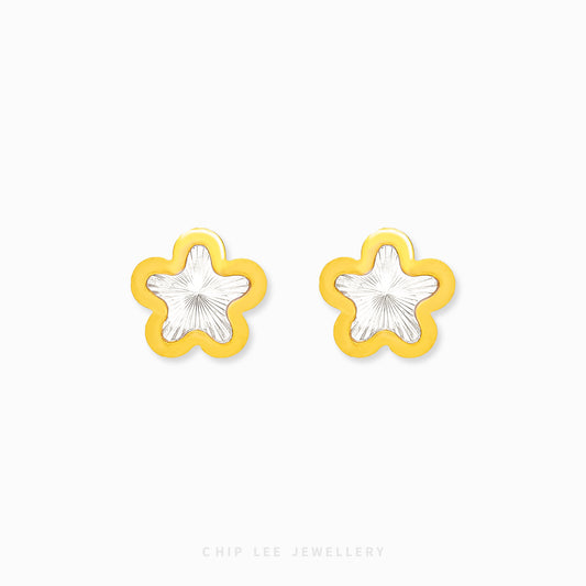 Chip Lee Jewellery Duo Tone Star Stud Earrings. Lightweight 916 Gold (22K) tiny star studs with modern two-tone contrast finish. Certified pure gold jewellery.