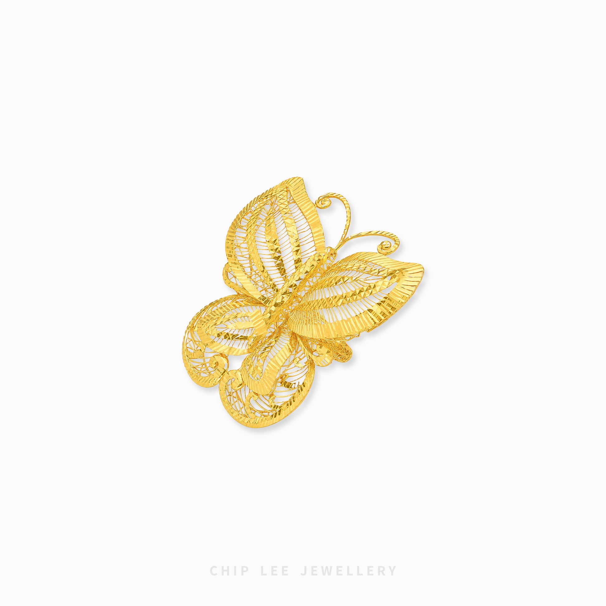A gold butterfly-shaped filigree ring with intricate openwork detailing, shown on a clean white background with the brand name 'CHIP LEE JEWELLERY' printed at the bottom.