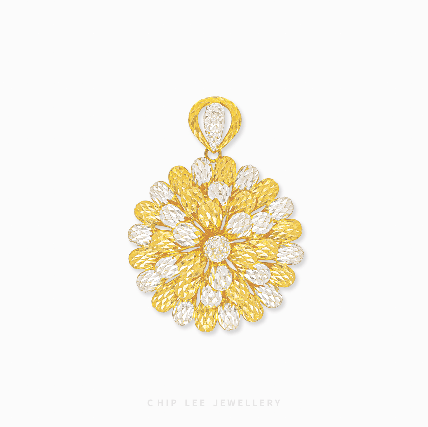 Duo Tone Statement Flower Pendant in 916 gold featuring intricate sculpted petals and a high-shine mixed texture finish.