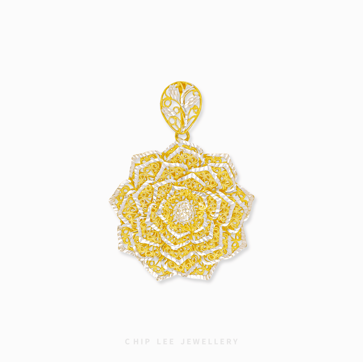 Shop the Duo Tone Statement Flower Pendant in 916 gold. A bold, floral masterpiece featuring sculpted petals and mixed textures for a radiant, elegant look.
