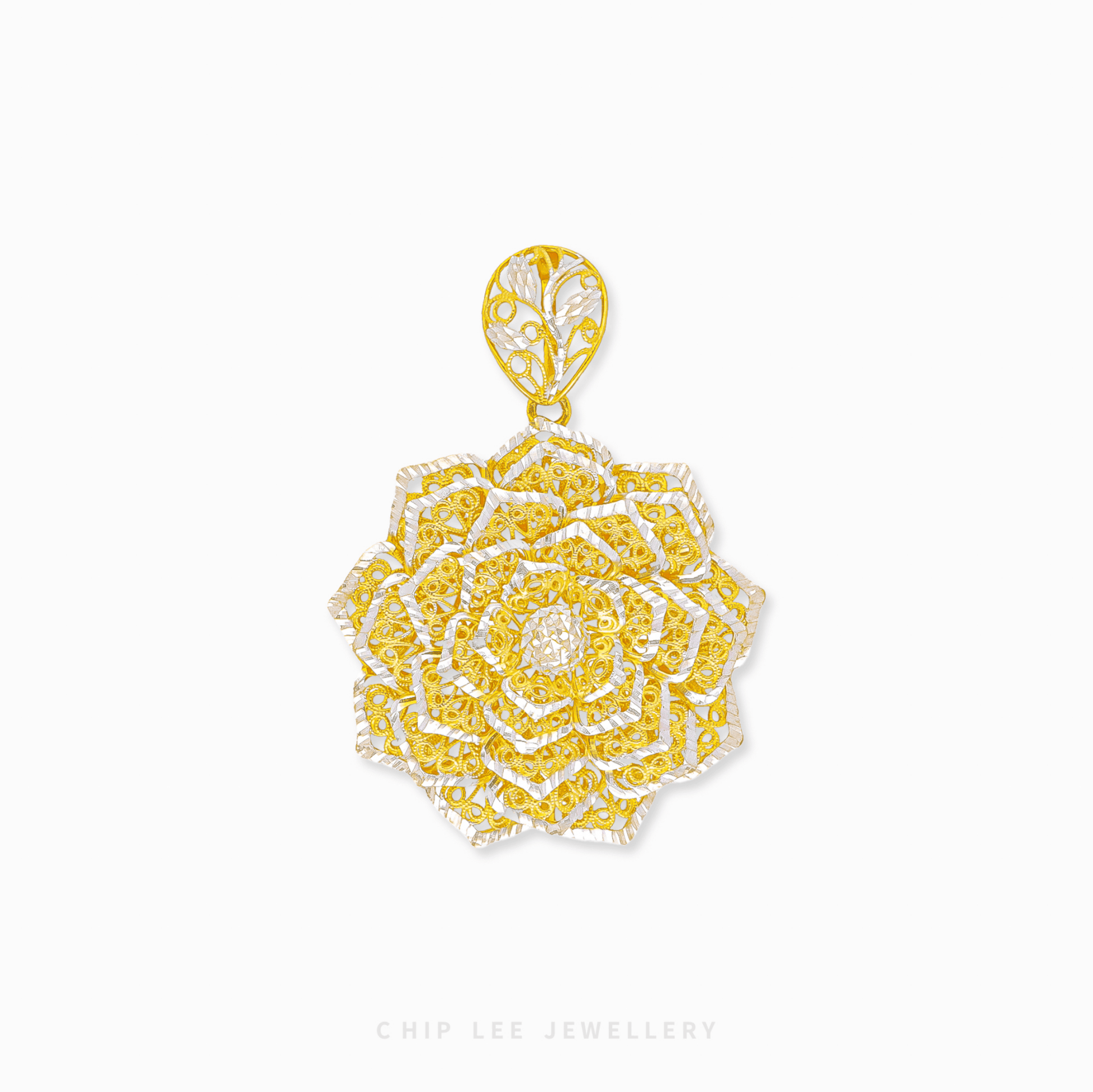 Shop the Duo Tone Statement Flower Pendant in 916 gold. A bold, floral masterpiece featuring sculpted petals and mixed textures for a radiant, elegant look.
