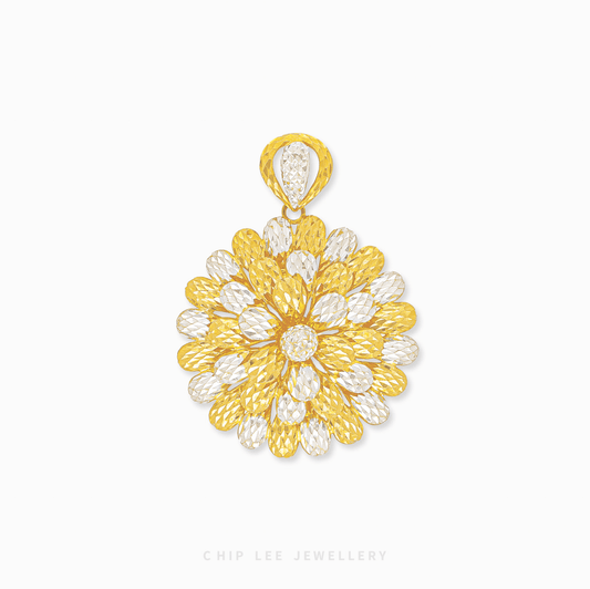 Duo Tone Statement Flower Pendant in 916 gold featuring intricate sculpted petals and a high-shine mixed texture finish.
