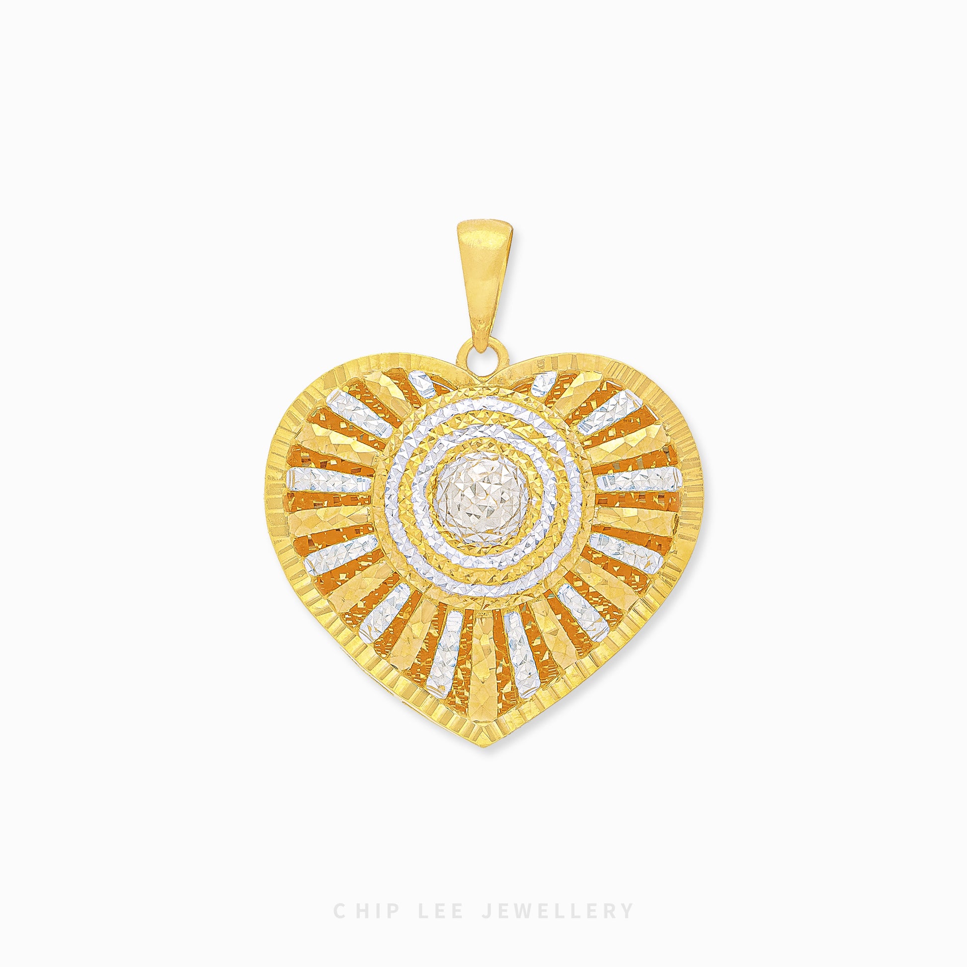 Duo Tone Sunburst Heart Pendant in yellow & white 22K gold by Chip Lee Jewellery Singapore – certified 916 gold, dynamic sunburst heart design.
