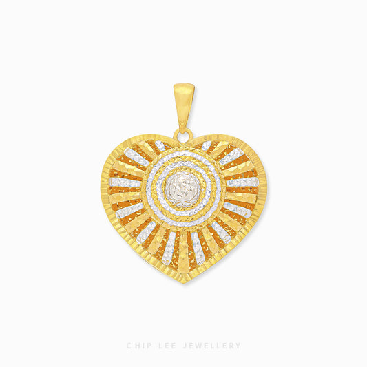 Duo Tone Sunburst Heart Pendant in yellow & white 22K gold by Chip Lee Jewellery Singapore – certified 916 gold, dynamic sunburst heart design.