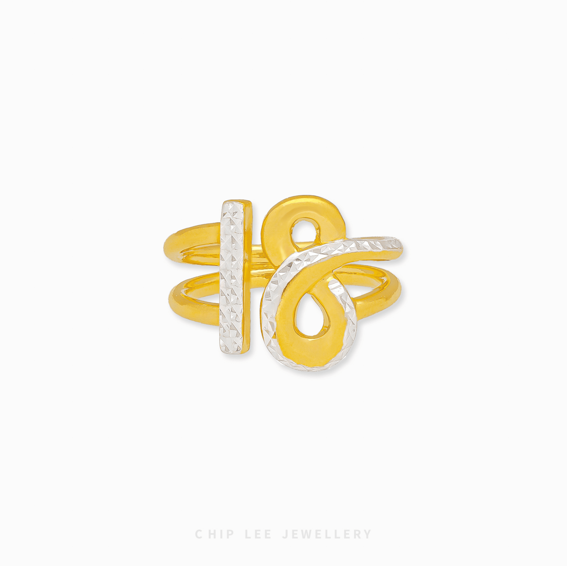 916 Gold Duo Tone T Infinity Bond Ring from Chip Lee Jewellery Singapore. Modern two-tone design symbolizing eternal love, unity, and commitment