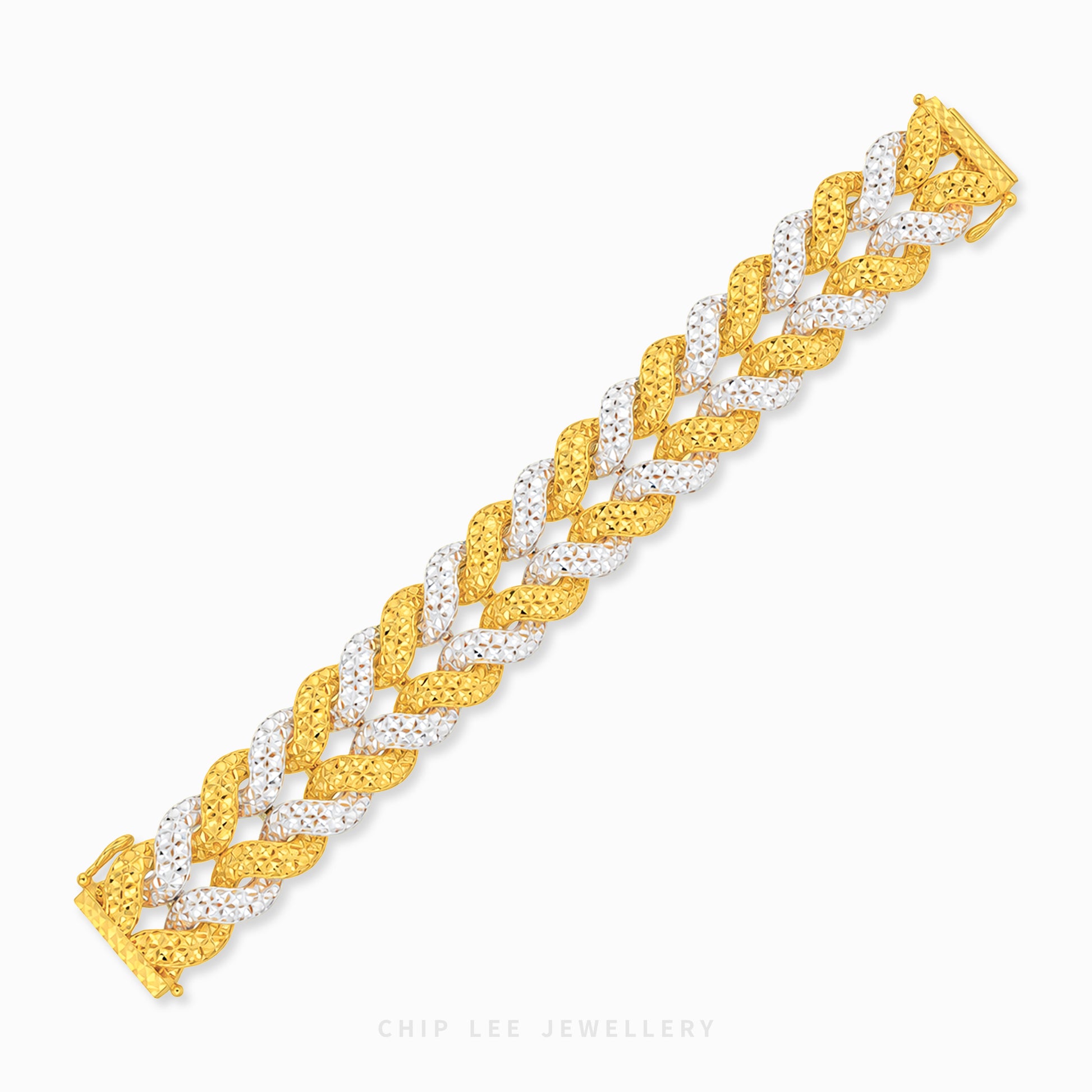 A two-tone braided bracelet with textured yellow gold and white diamond pavé sections, shown diagonally on a light gray background with a Chip Lee Jewellery watermark.