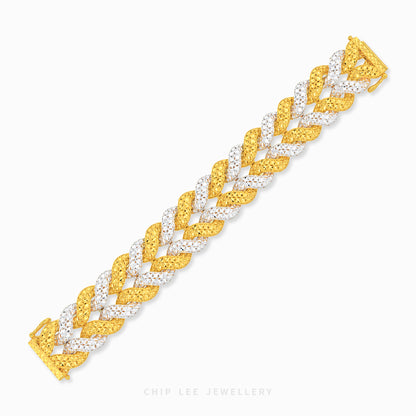 A two-tone braided bracelet with textured yellow gold and white diamond pavé sections, shown diagonally on a light gray background with a Chip Lee Jewellery watermark.