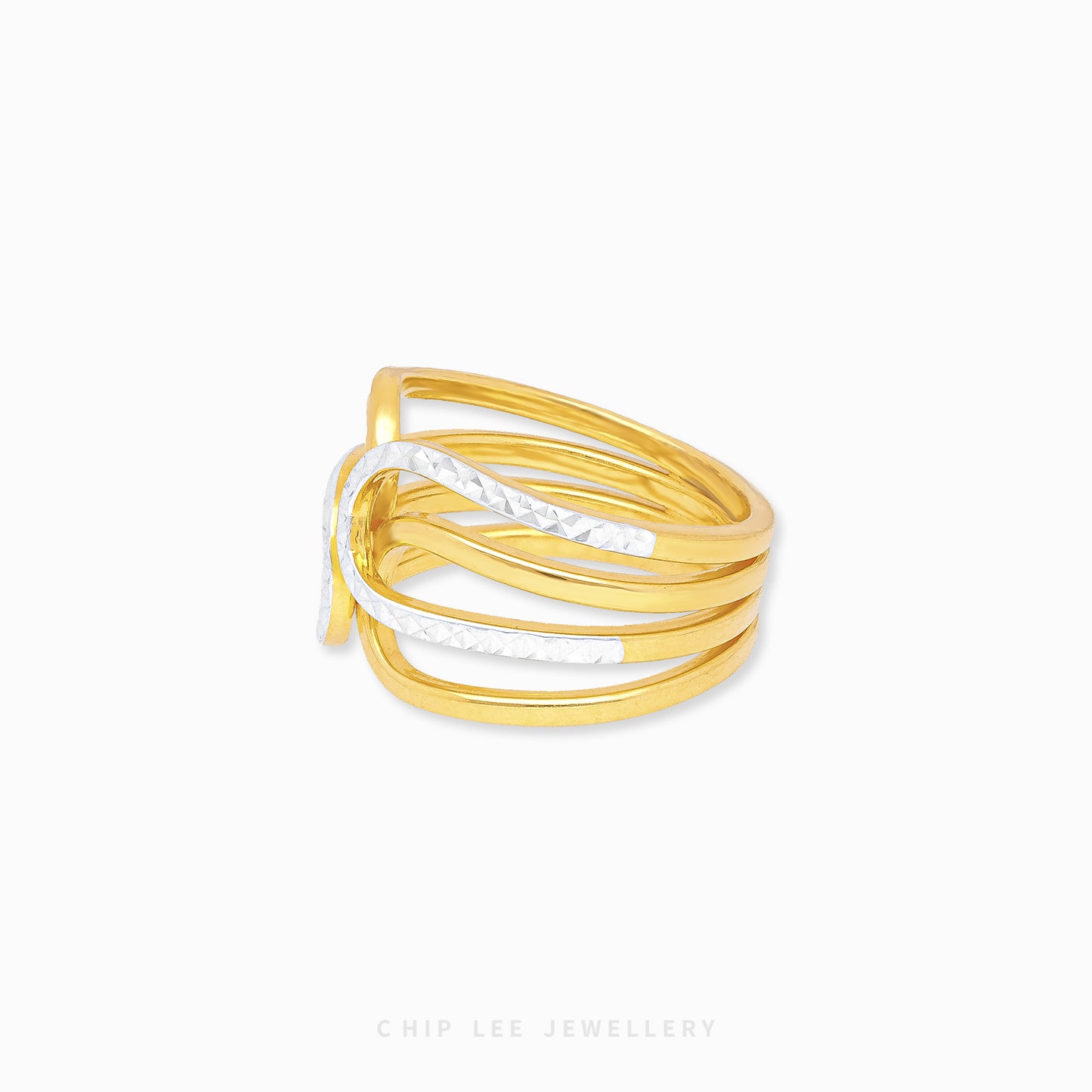 Duo Tone Trinity Ring in 22K yellow and white gold by Chip Lee Jewellery Singapore – certified 916 gold, elegant intertwined bands.