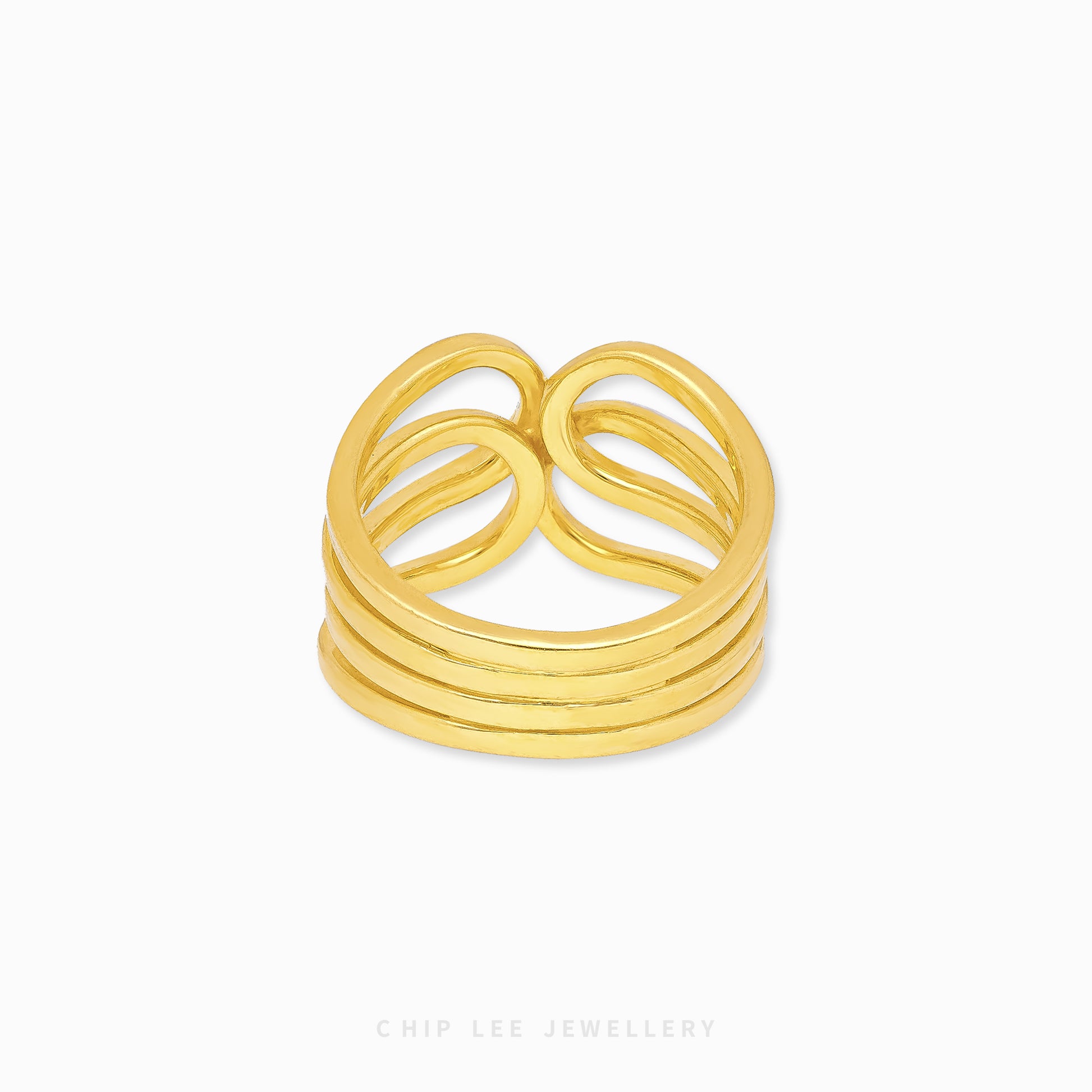 Duo Tone Trinity Ring in 22K yellow and white gold by Chip Lee Jewellery Singapore – certified 916 gold, elegant intertwined bands.