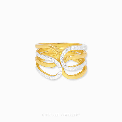 Duo Tone Trinity Ring in 22K yellow and white gold by Chip Lee Jewellery Singapore – certified 916 gold, elegant intertwined bands.