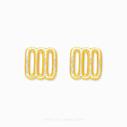 Chip Lee Jewellery Duo Tone Trinity Studs. Heavyweight 916 Gold (22K) trinity knot studs with modern two-tone finish. Certified pure gold SG jewelry.