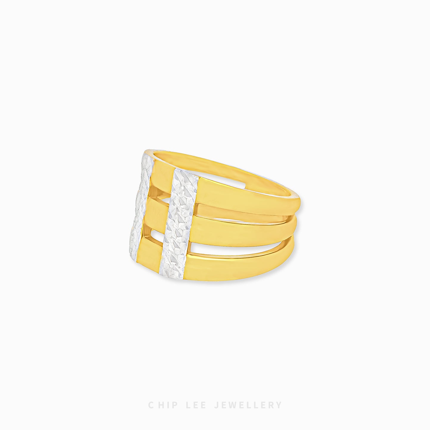 Duo Tone Triple Layer Ring 916 gold by Chip Lee Jewellery Singapore – dual-tone, three-band design for modern elegance.
