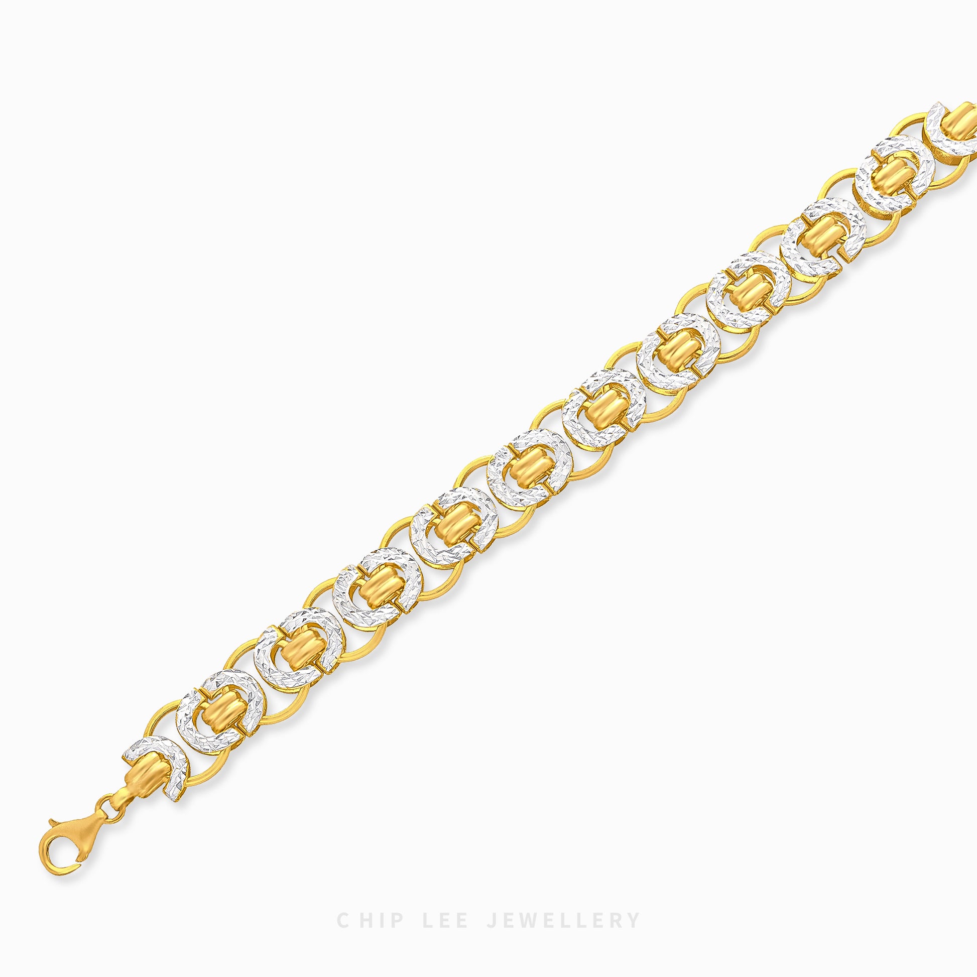 Duo Tone Turkey Link Bracelet in yellow & white 22K/916 gold by Chip Lee Jewellery Singapore – certified gold, bold turkey-link motif.