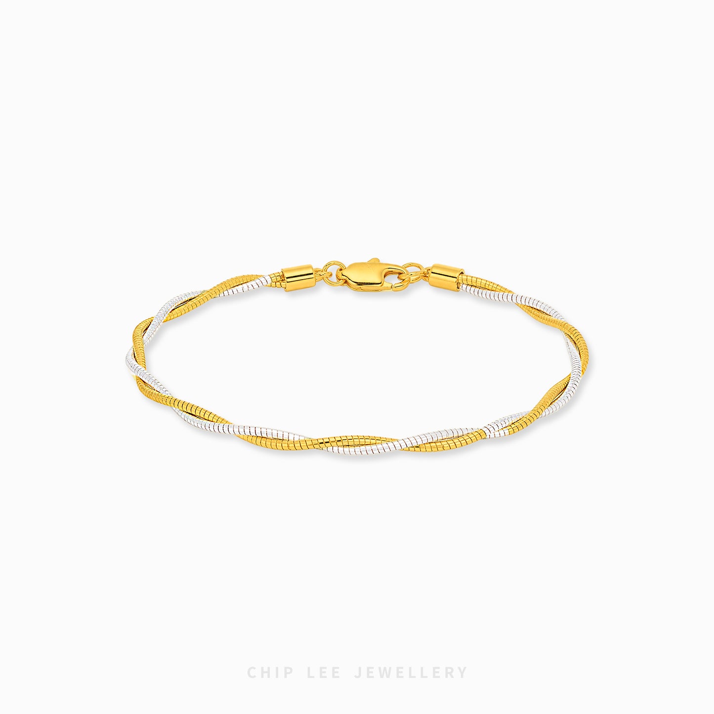 A gold and white beaded chain bracelet with a lobster clasp, displayed on a clean white background with a brand watermark at the bottom.