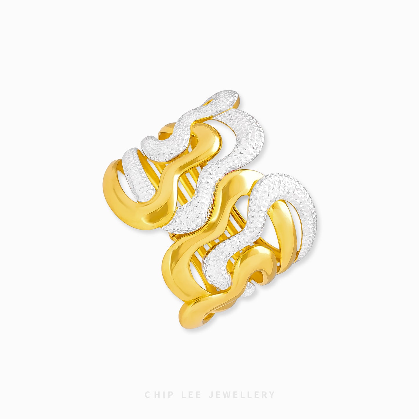 Duo Tone Wavy Statement Bangle by Chip Lee Jewellery Singapore, 916 gold with matte and high‑polish finishes, bold and elegant accessory