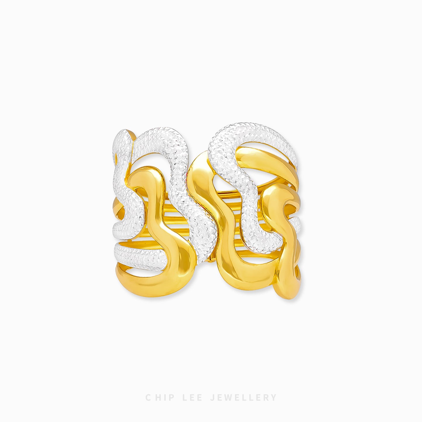 Duo Tone Wavy Statement Bangle by Chip Lee Jewellery Singapore, 916 gold with matte and high‑polish finishes, bold and elegant accessory