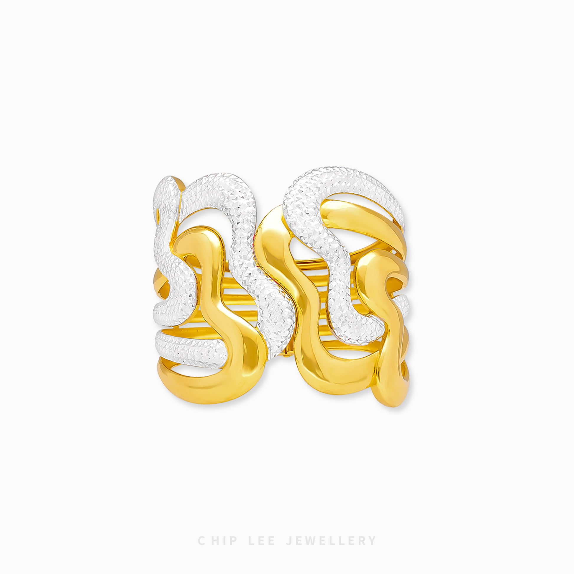 Duo Tone Wavy Statement Bangle by Chip Lee Jewellery Singapore, 916 gold with matte and high‑polish finishes, bold and elegant accessory