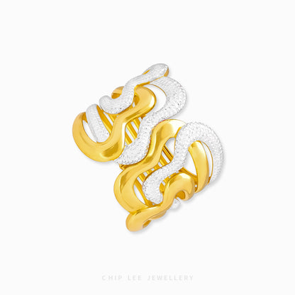 Duo Tone Wavy Statement Bangle by Chip Lee Jewellery Singapore, 916 gold with matte and high‑polish finishes, bold and elegant accessory