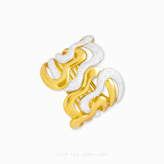 Duo Tone Wavy Statement Bangle by Chip Lee Jewellery Singapore, 916 gold with matte and high‑polish finishes, bold and elegant accessory