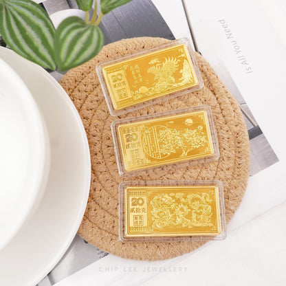A collection of 999 pure gold bars showcasing various designs, each with distinct symbolic meanings.Hallmarked in Singapore for certified purity and authenticity.