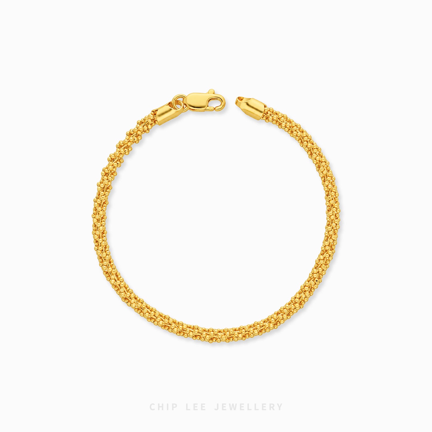 A gold chain bracelet with a textured, woven appearance and a lobster clasp, displayed on a clean white background with the brand name 'CHIP LEE JEWELLERY' printed at the bottom.