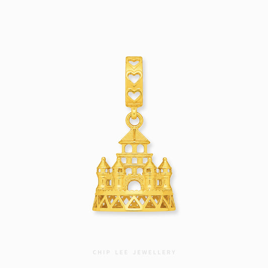 A gold pendant charm featuring a stylized castle design with a top bar containing three heart cutouts, shown on a light gray background with 'CHIP LEE JEWELLERY' text at the bottom.