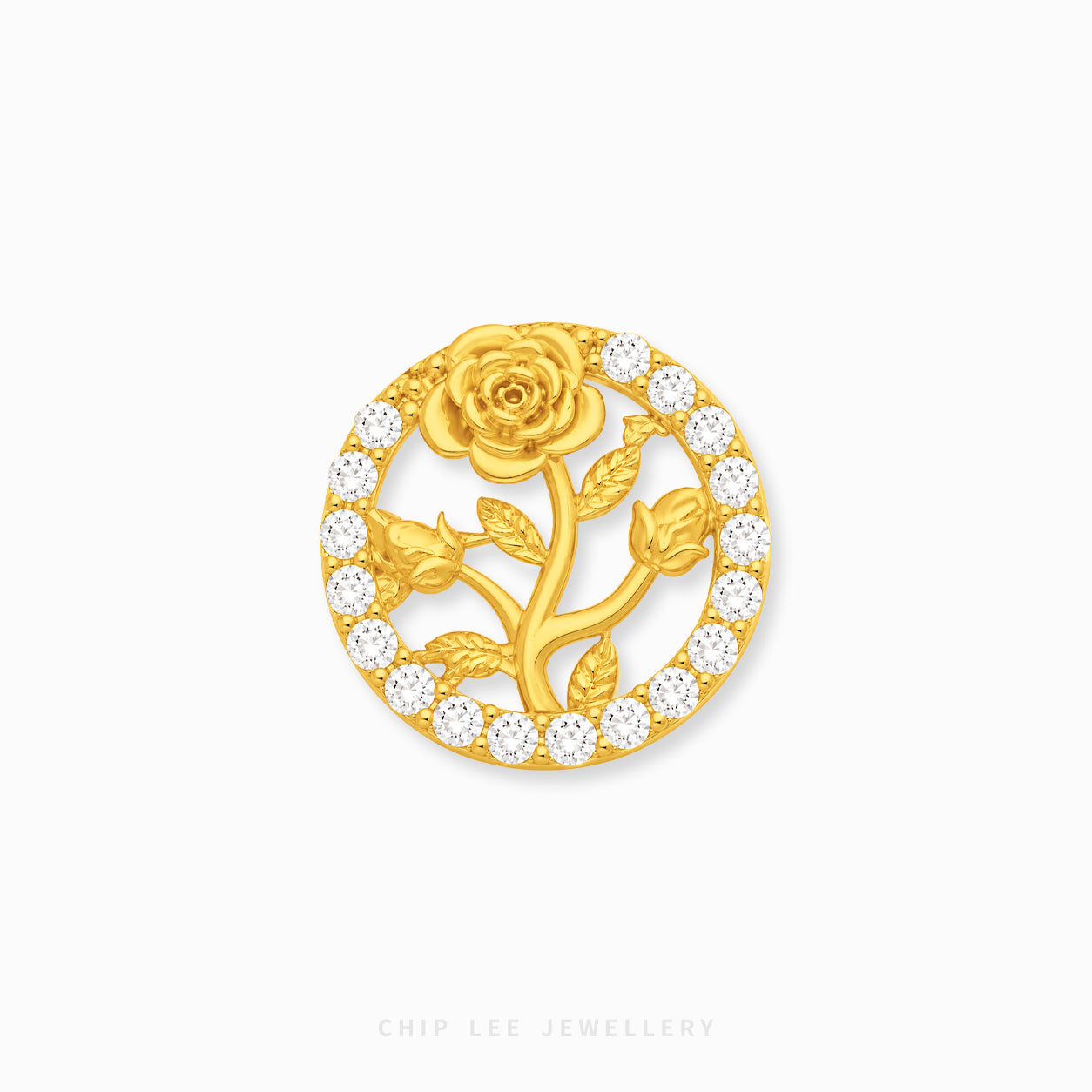 A circular gold rose charm by Chip Lee Jewellery, featuring a central gold rose and stem motif surrounded by a border of small clear pavé stones on a white background.