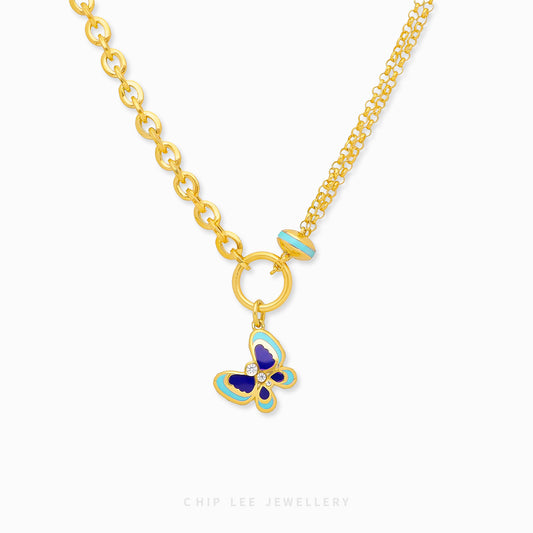 Ethereal Butterfly Mixed Enamel Necklace in 916 gold, hallmarked in Singapore for certified purity and authenticity.