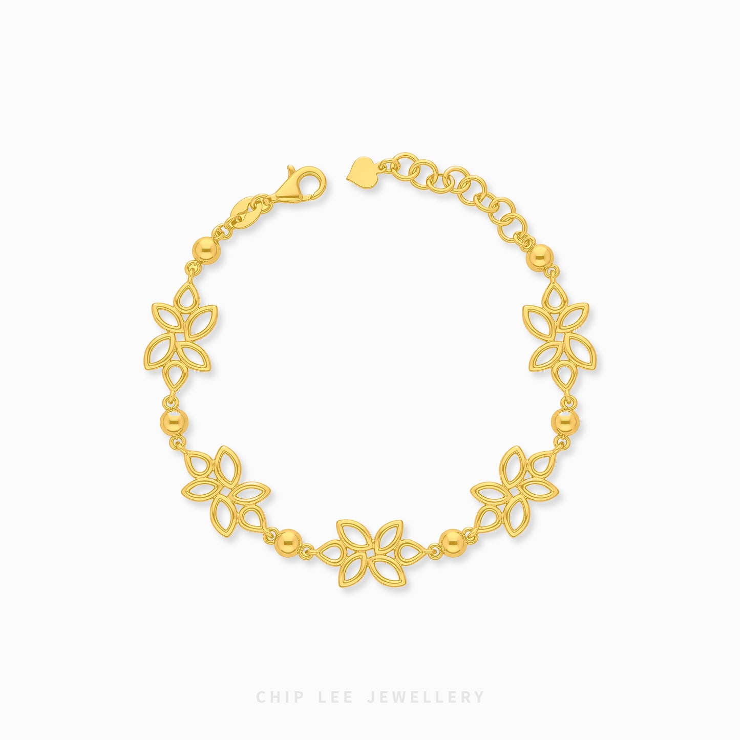 A gold chain bracelet featuring five openwork floral motifs and small polished beads, displayed on a clean white background with the brand name 'CHIP LEE JEWELLERY' printed below.