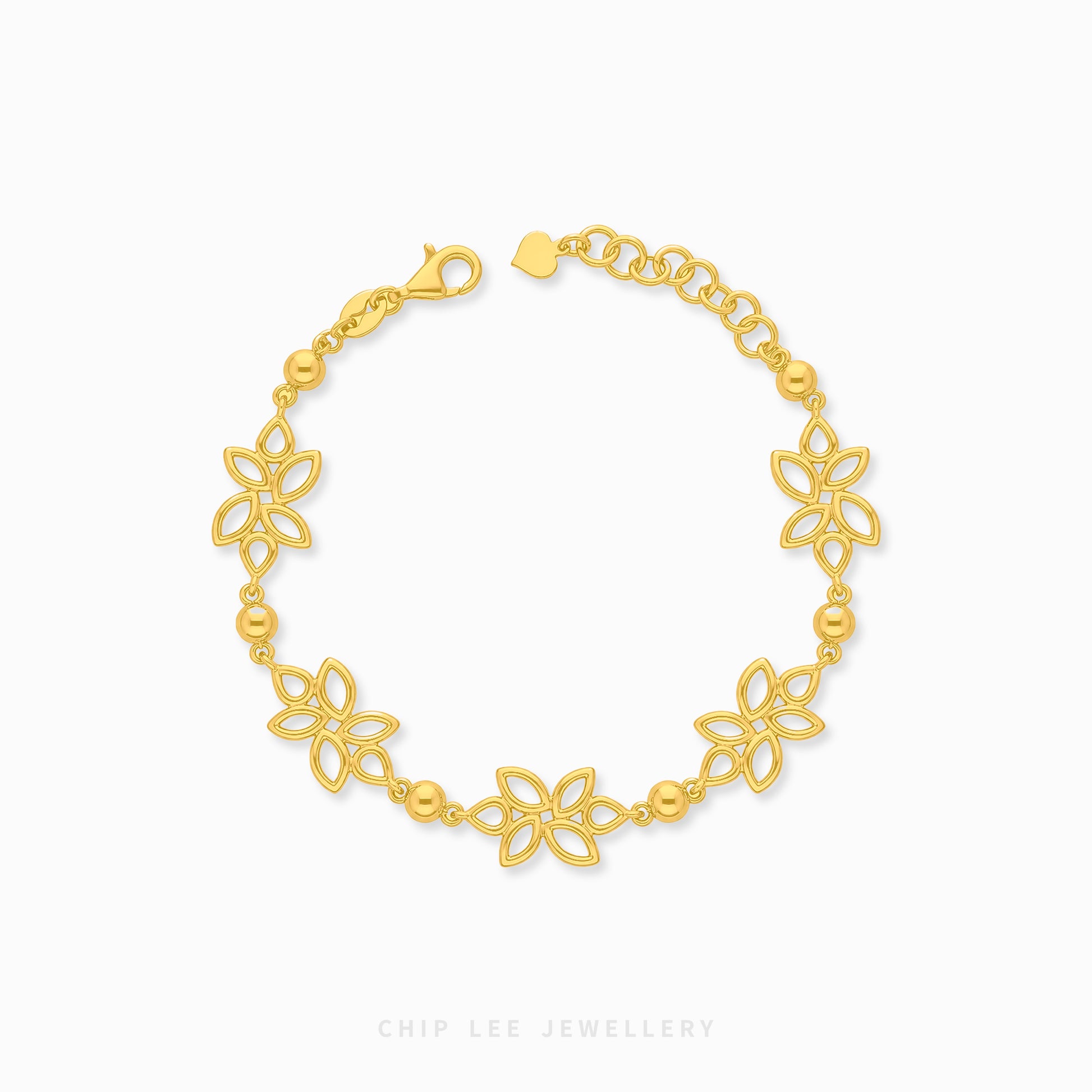 A gold chain bracelet featuring five openwork floral motifs and small polished beads, displayed on a clean white background with the brand name 'CHIP LEE JEWELLERY' printed below.