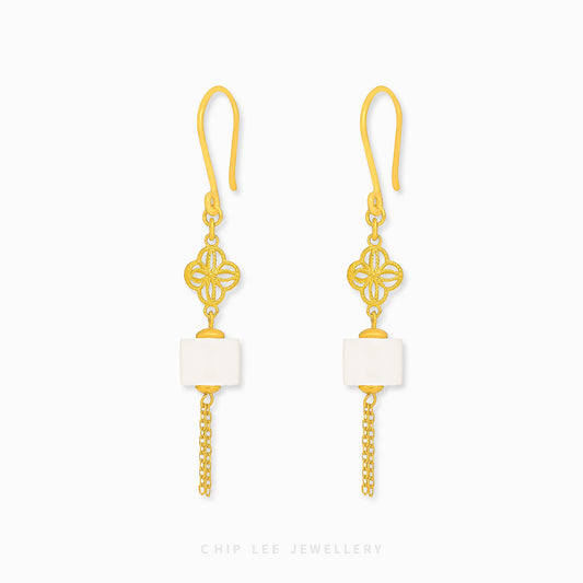 999 Pure Gold Flower He Tian Jade Dangling Earring