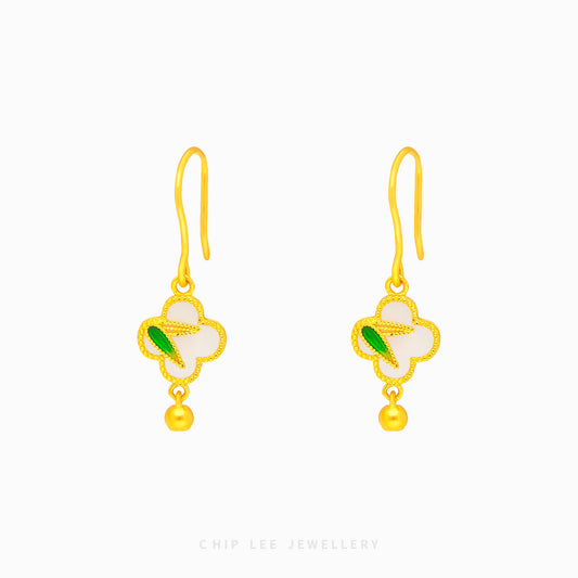 999 Pure Gold Clover He Tian Jade Earring