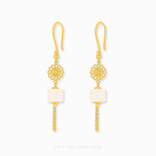 999 Pure Gold Flower He Tian Jade Dangling Earring