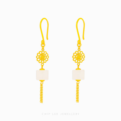 999 Pure Gold Flower He Tian Jade Dangling Earring