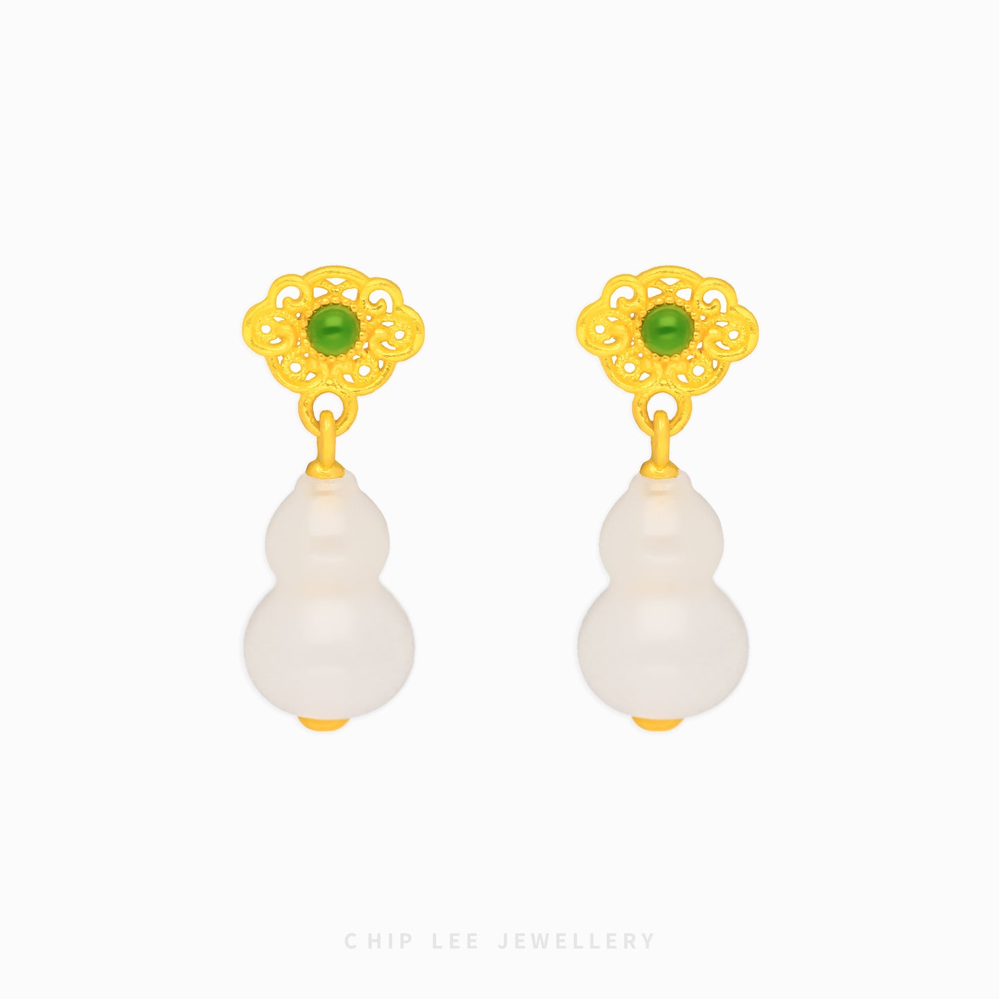 999 Pure Gold  Hu Lu ( 葫芦) Gourd He Tian Jade Dangling Earring