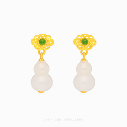 999 Pure Gold  Hu Lu ( 葫芦) Gourd He Tian Jade Dangling Earring