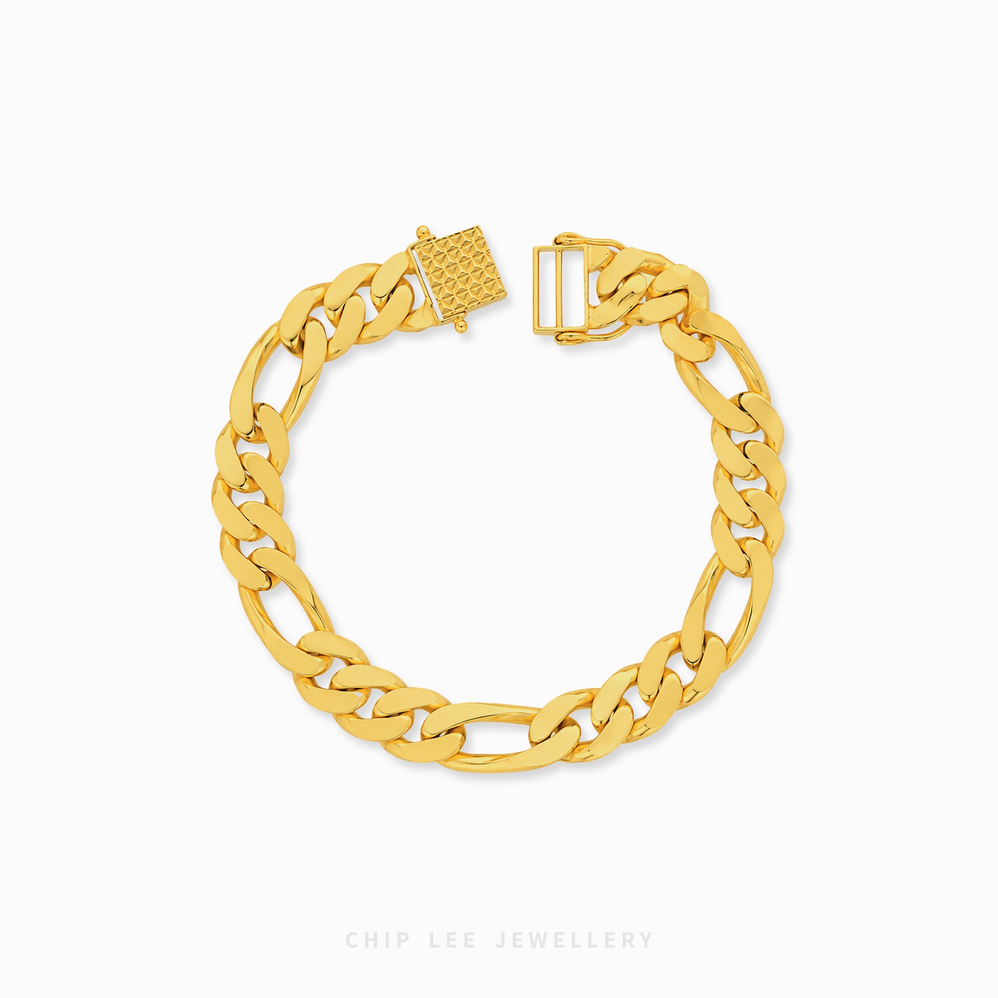Luxury gold Monaco Figaro bracelet featuring oversized polished chain links with a bold statement jewelry design.