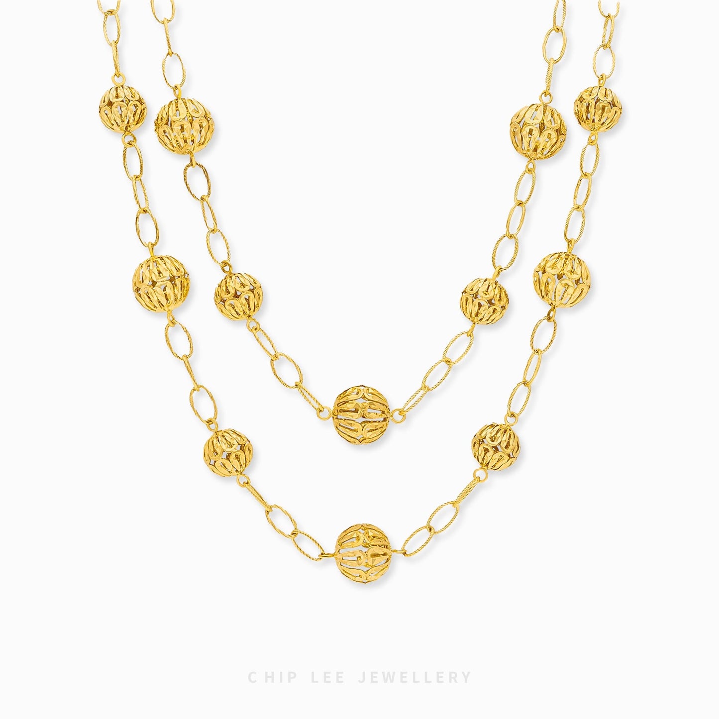 Filigree Bead Statement Necklace with interlocking circle-shaped links in 916 gold by Chip Lee Jewellery Singapore
