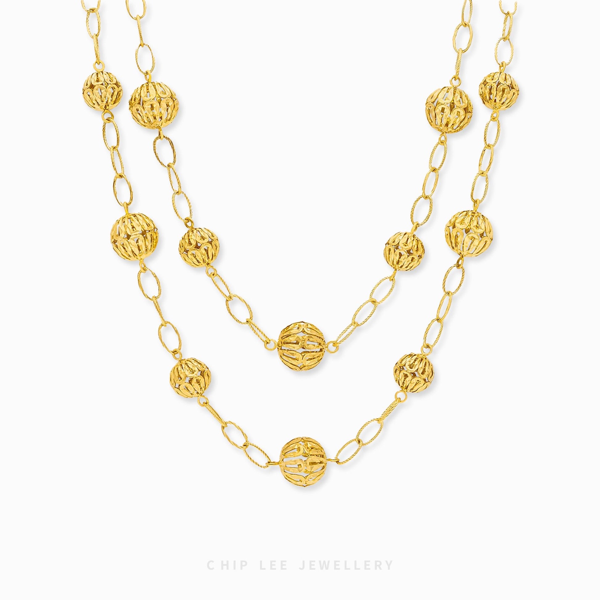 Filigree Bead Statement Necklace with interlocking circle-shaped links in 916 gold by Chip Lee Jewellery Singapore