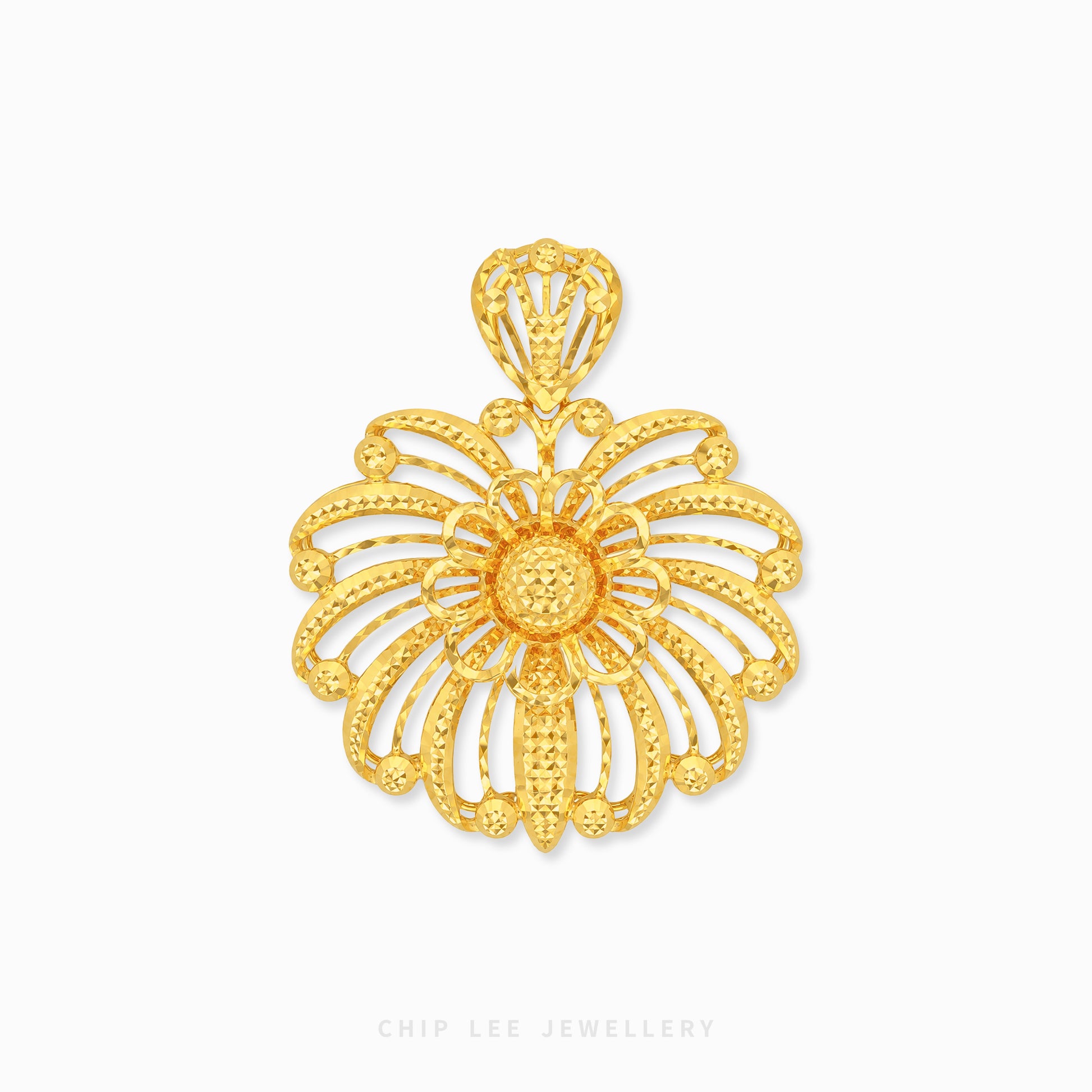 A gold floral pendant with intricate textured detailing and a bail at the top, shown on a clean white background with the brand name 'CHIP LEE JEWELLERY' printed at the bottom.