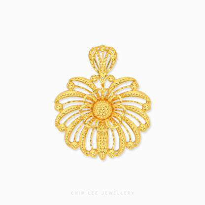 A gold floral pendant with intricate textured detailing and a bail at the top, shown on a clean white background with the brand name 'CHIP LEE JEWELLERY' printed at the bottom.
