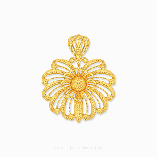 A gold floral pendant with intricate textured detailing and a bail at the top, shown on a clean white background with the brand name 'CHIP LEE JEWELLERY' printed at the bottom.